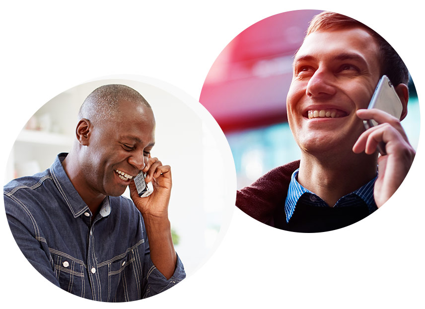 calling Two diverse individuals engaged in phone conversations, illustrating communication and connectivity for VoIP services.