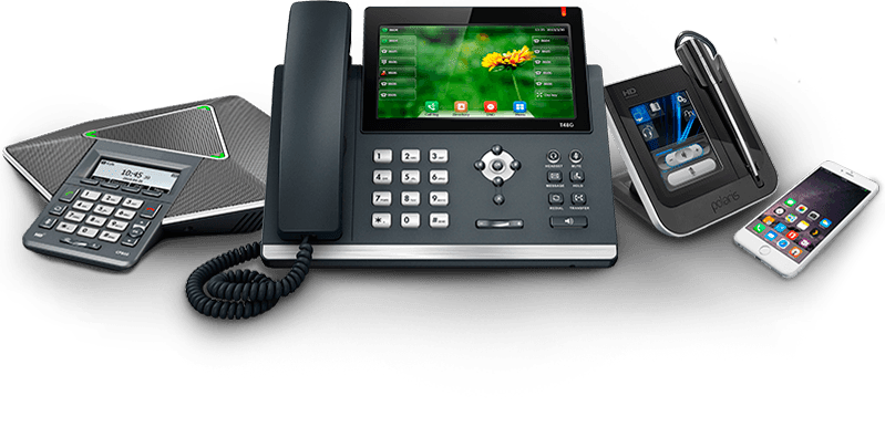 phones VoIP communication devices including a desk phone, conference phone, and mobile devices, representing Connect Call's telecommunication solutions.