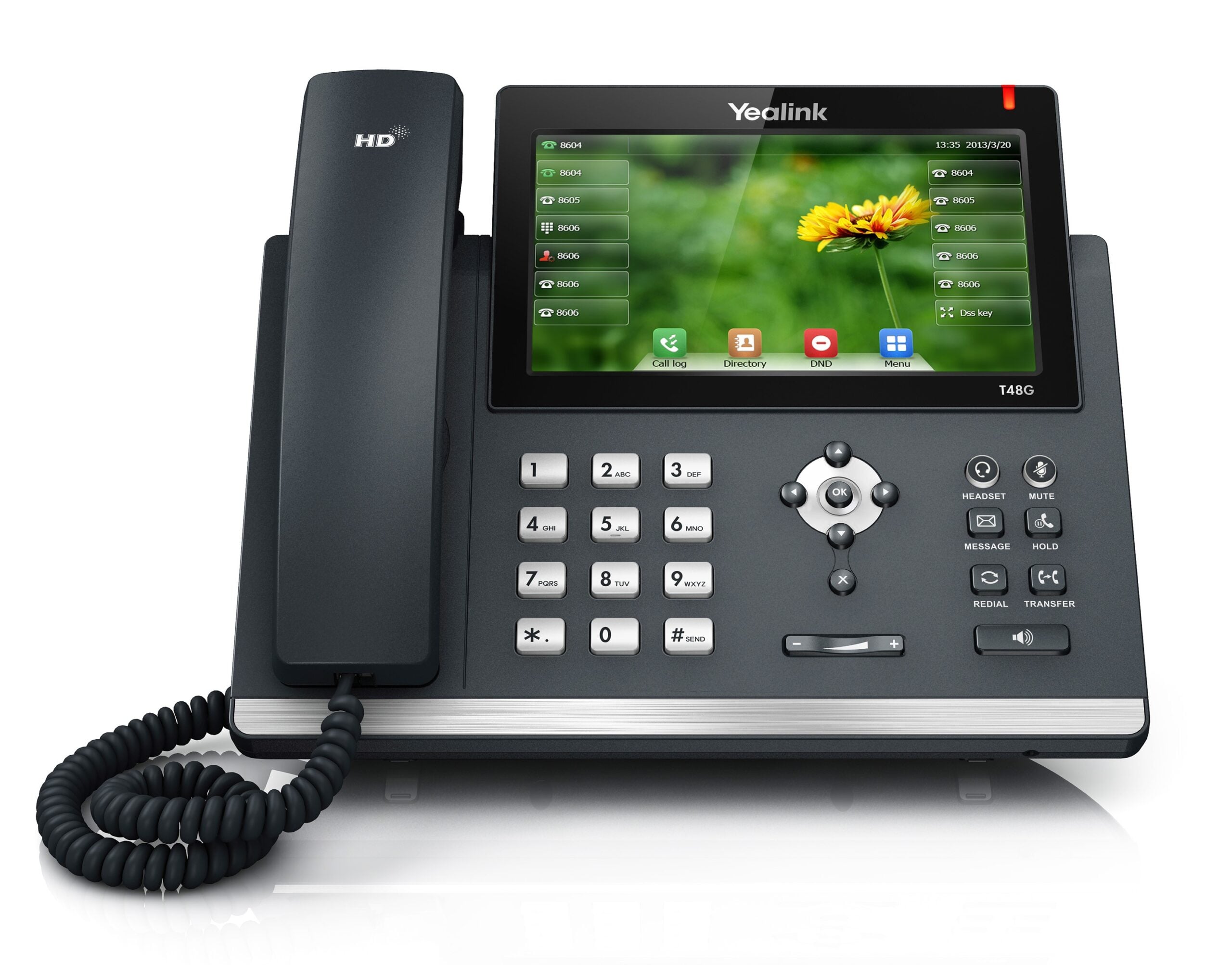 Yealink T48G VoIP phone with touchscreen display, featuring call log, directory options, and a sleek design, suitable for modern business communication solutions.