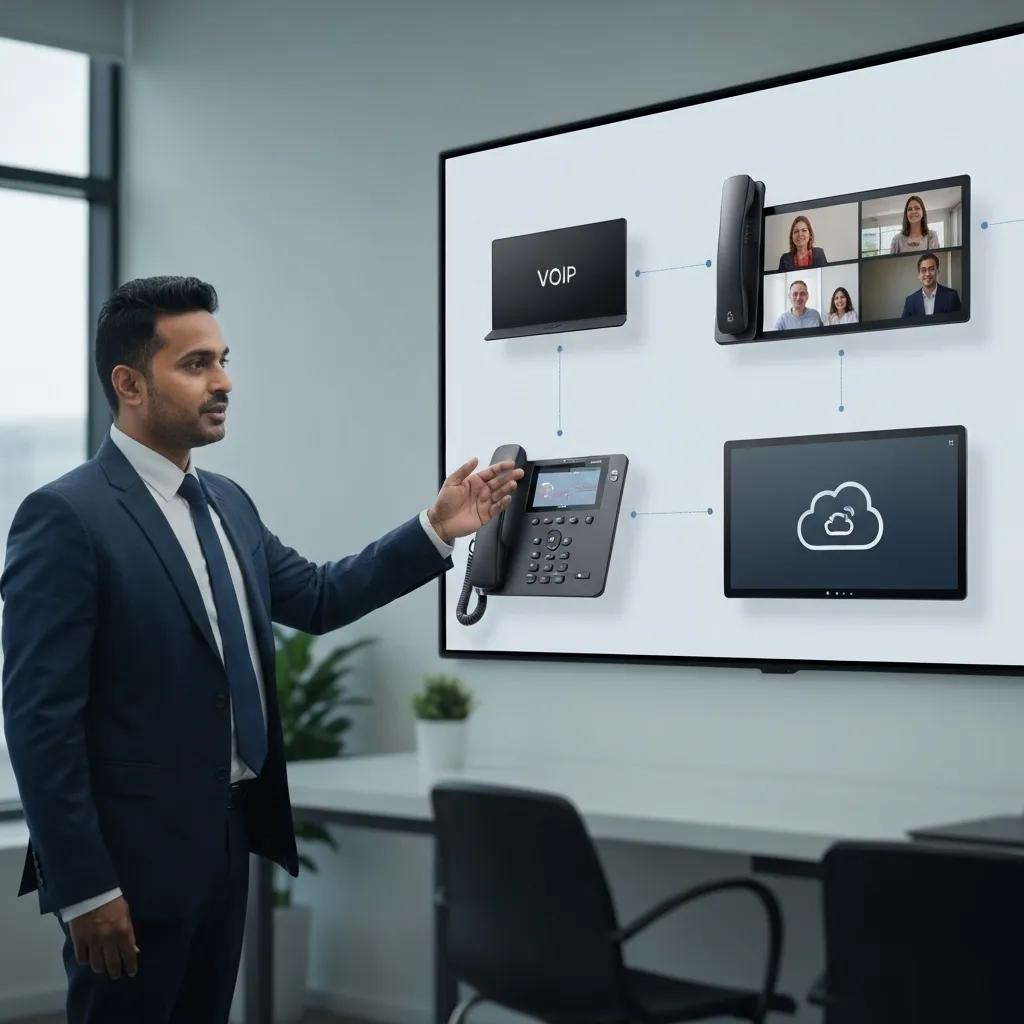 Business professional presenting VoIP communication system with phone, video conferencing, and cloud integration in modern office setting.