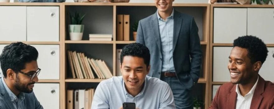 Diverse professionals collaborating in a modern office discussing phone plans and technology