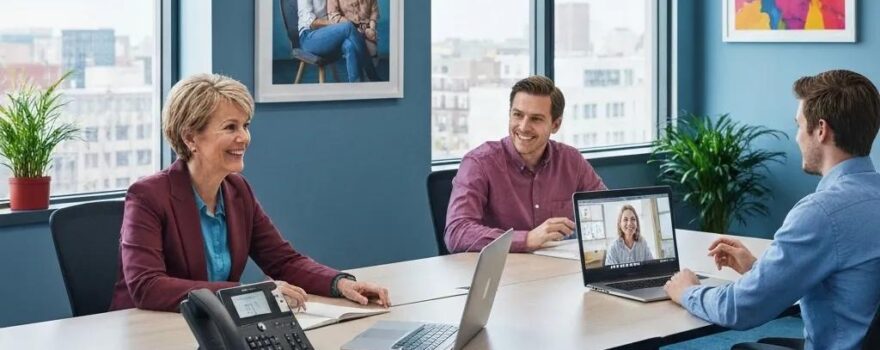Diverse professionals in a modern office using VoIP technology for business communication