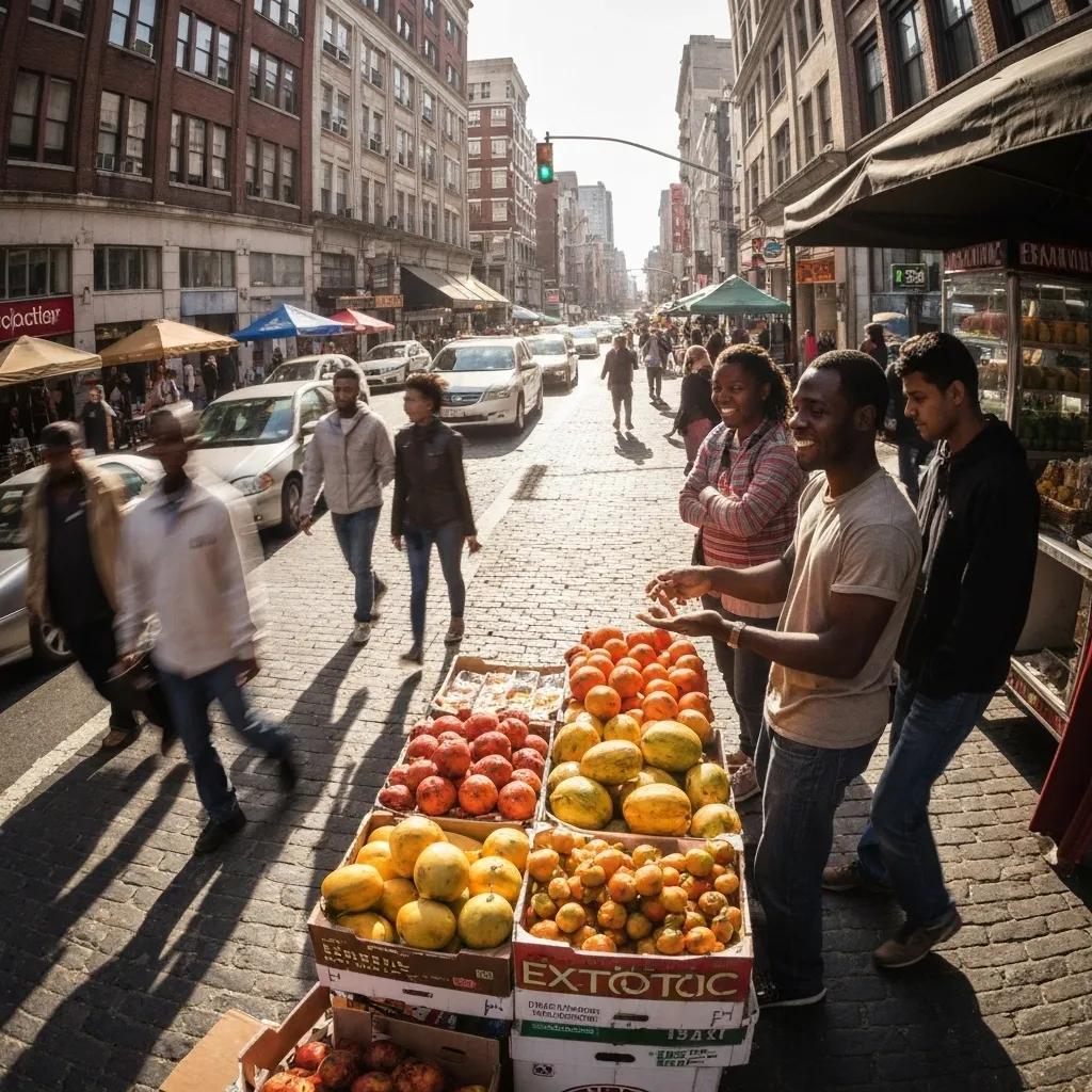 Busy urban street scene with a fruit vendor displaying colorful produce, pedestrians walking, and vehicles in motion, reflecting community engagement and local commerce.