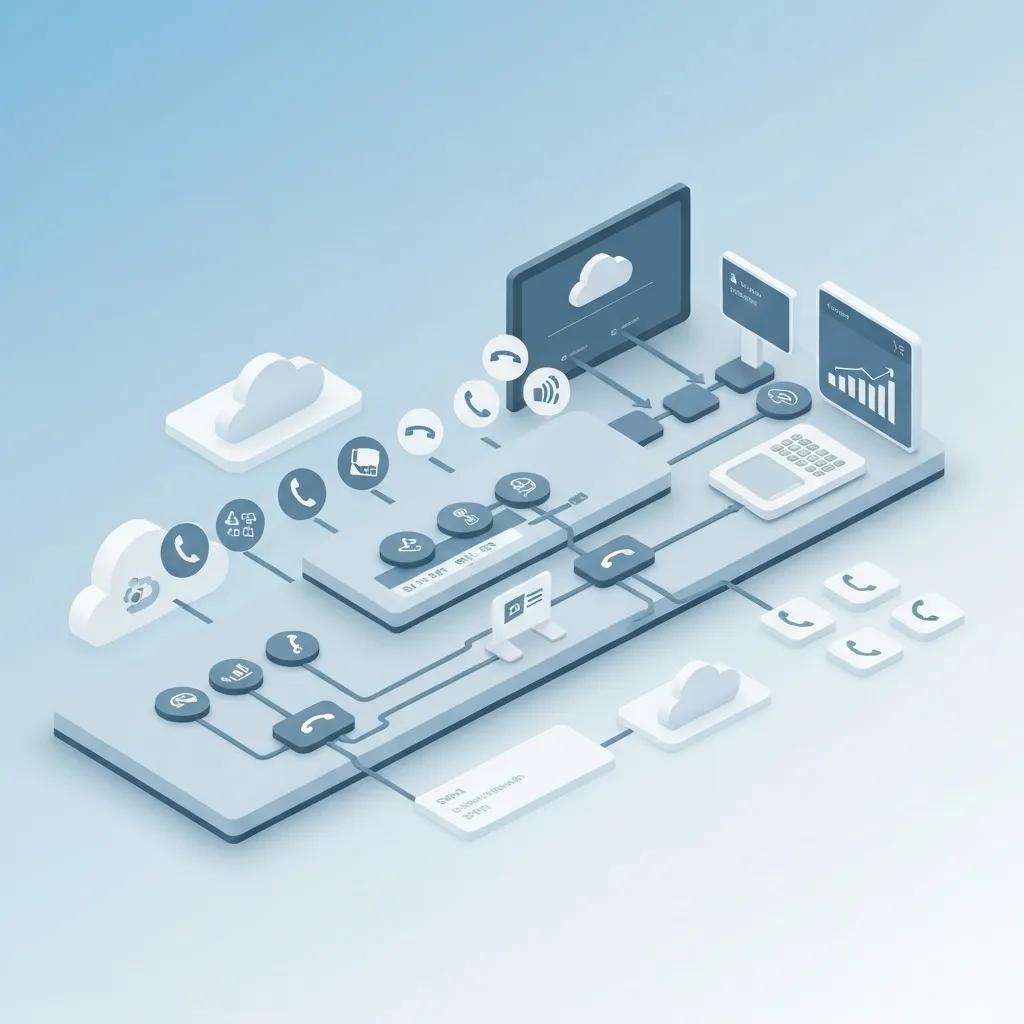 Cloud-based communication system diagram illustrating VoIP call management, featuring icons for calls, data flow, and analytics, emphasizing flexibility and scalability for businesses.