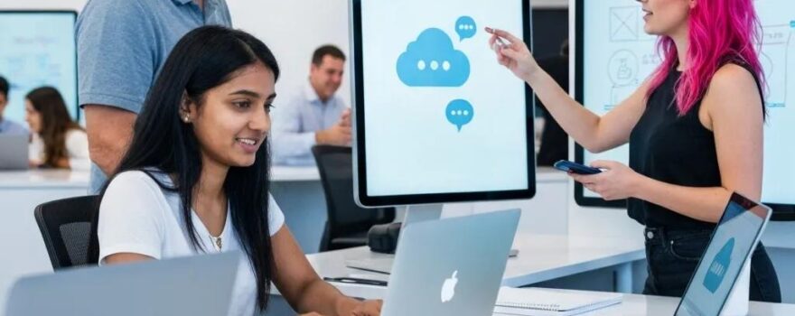 Business professionals collaborating in a modern office setting, using laptops and discussing cloud-based communication solutions, with visual elements representing VoIP and unified communications.