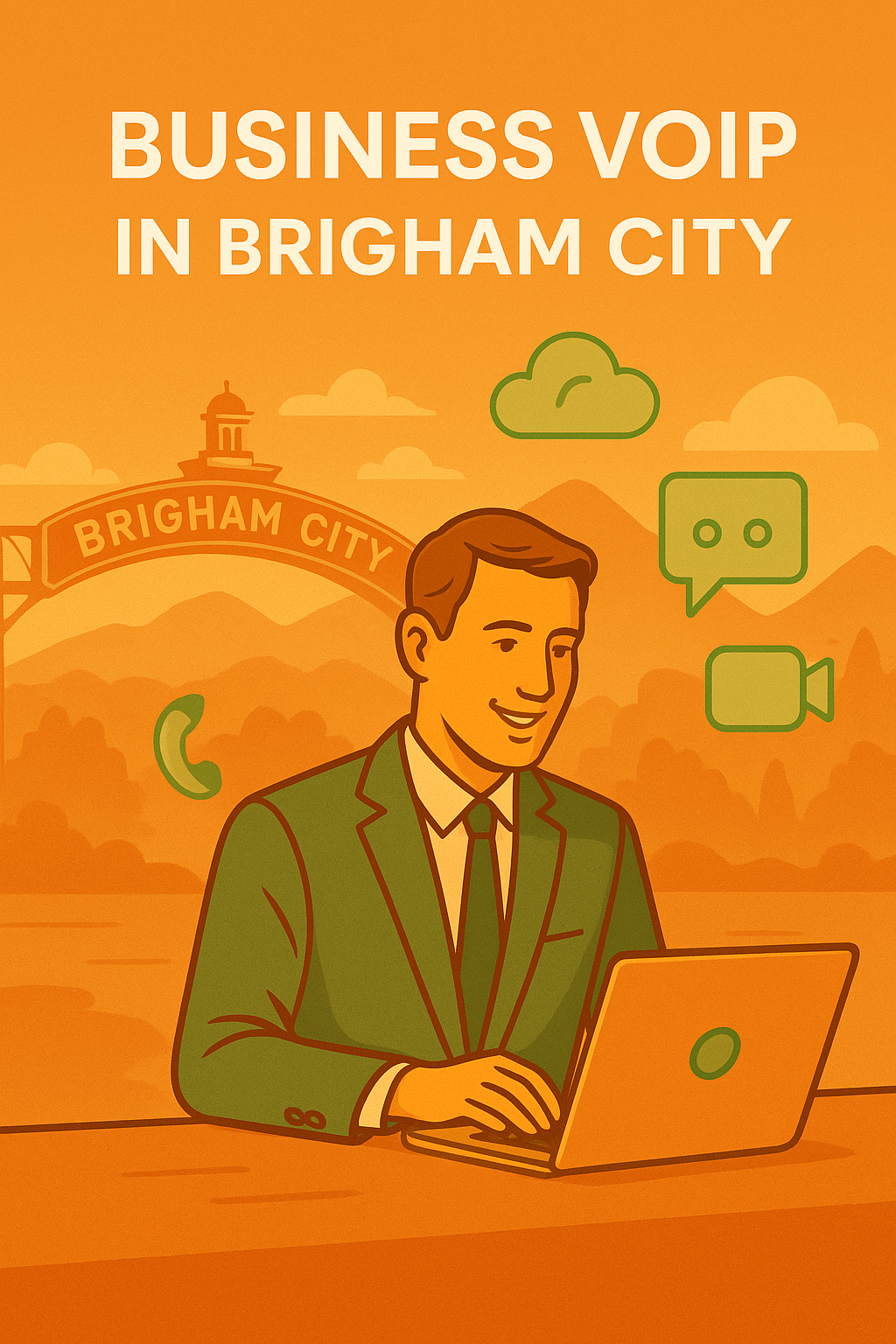 Business VoIP services in Brigham City, smiling man in suit using laptop, communication icons including phone, chat, and video, warm orange background.