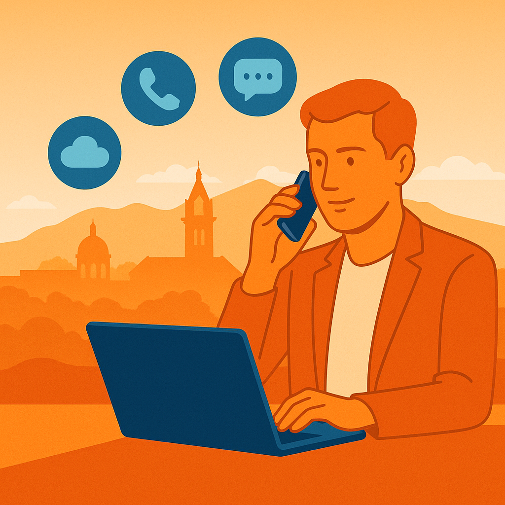 Person using a laptop and smartphone for communication, with icons representing cloud services, phone calls, and messaging, set against a backdrop of Logan, Utah.