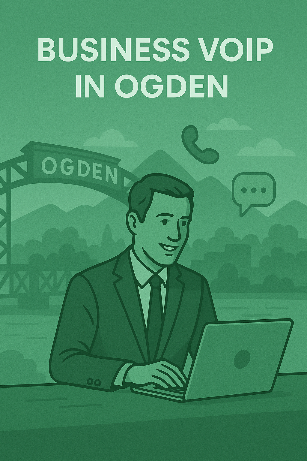 Businessman using laptop with "Business VoIP in Ogden" text, bridge in background, representing ConnectCall's VoIP services for local businesses.