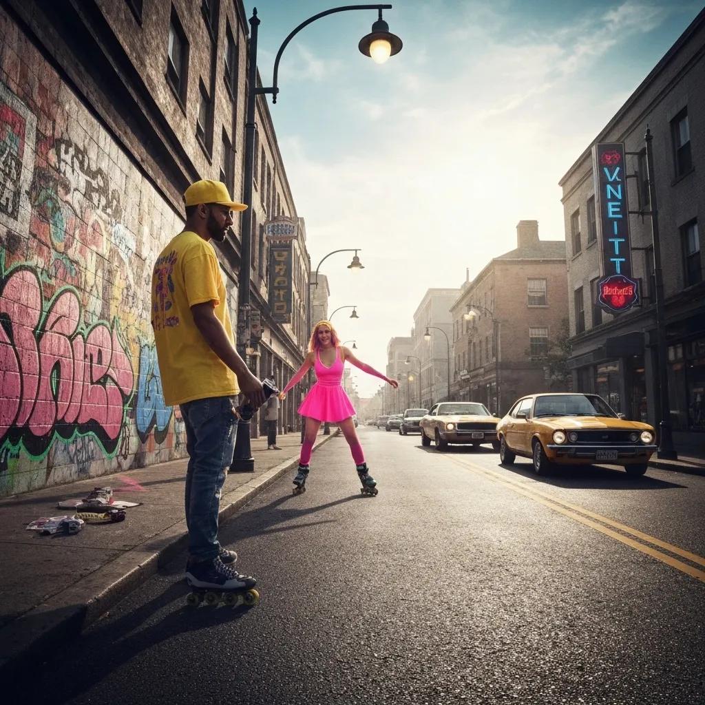 Young woman in a pink dress and roller skates performing in a vibrant urban street, with a man in a yellow shirt observing, surrounded by graffiti and classic cars, symbolizing dynamic communication and modern business interactions.
