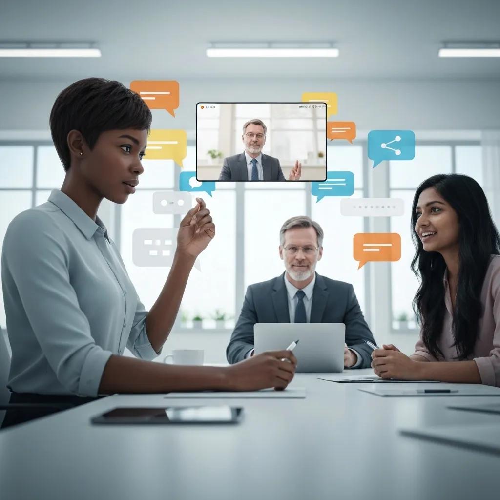 Business professionals engaged in a video conference, discussing communication solutions, with digital chat bubbles representing collaboration tools and features of Unified Communications.