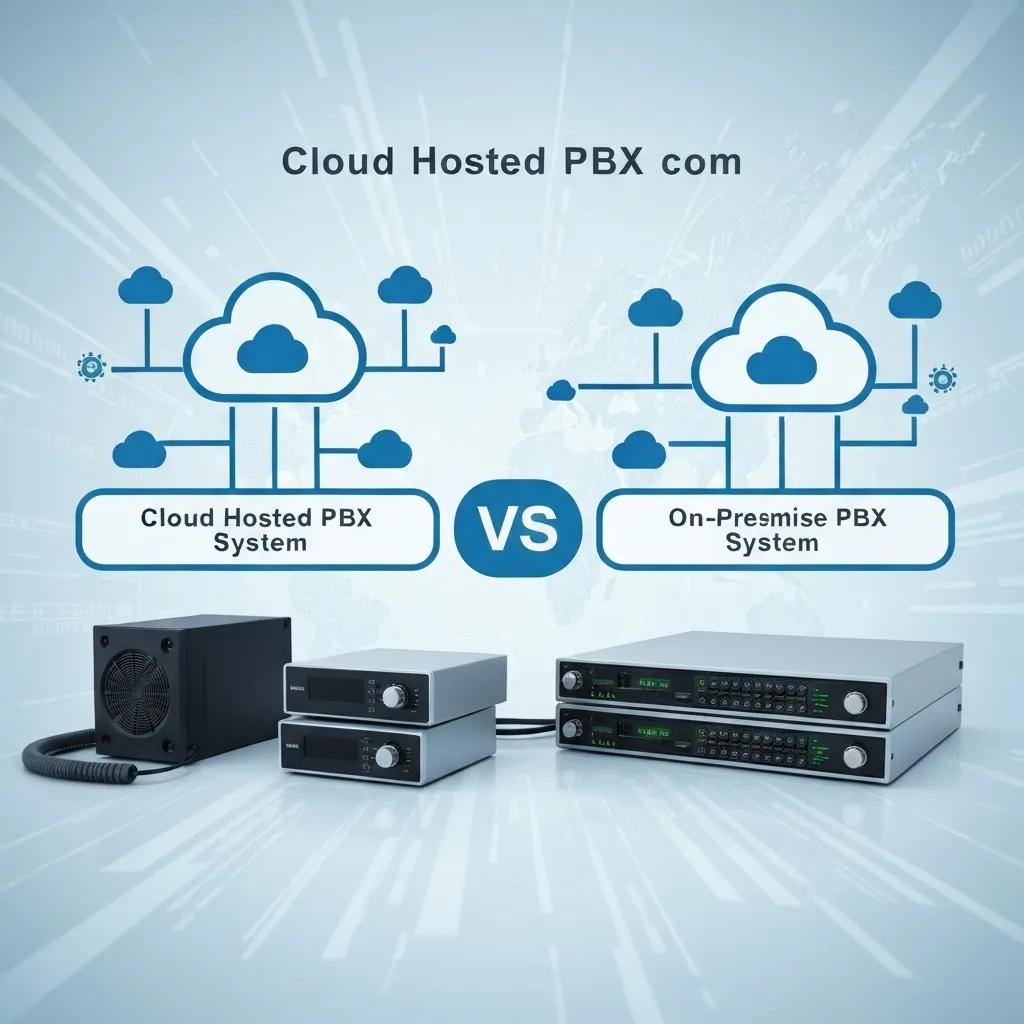 Cloud Hosted PBX vs. On-Premise PBX systems comparison, featuring cloud icons and hardware components, illustrating business phone solutions for small and mid-sized enterprises.
