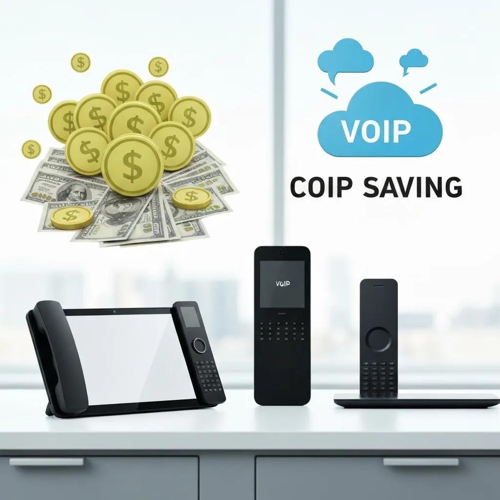 VoIP technology saving money, featuring digital phones and cash, emphasizing cost reduction for Utah businesses.