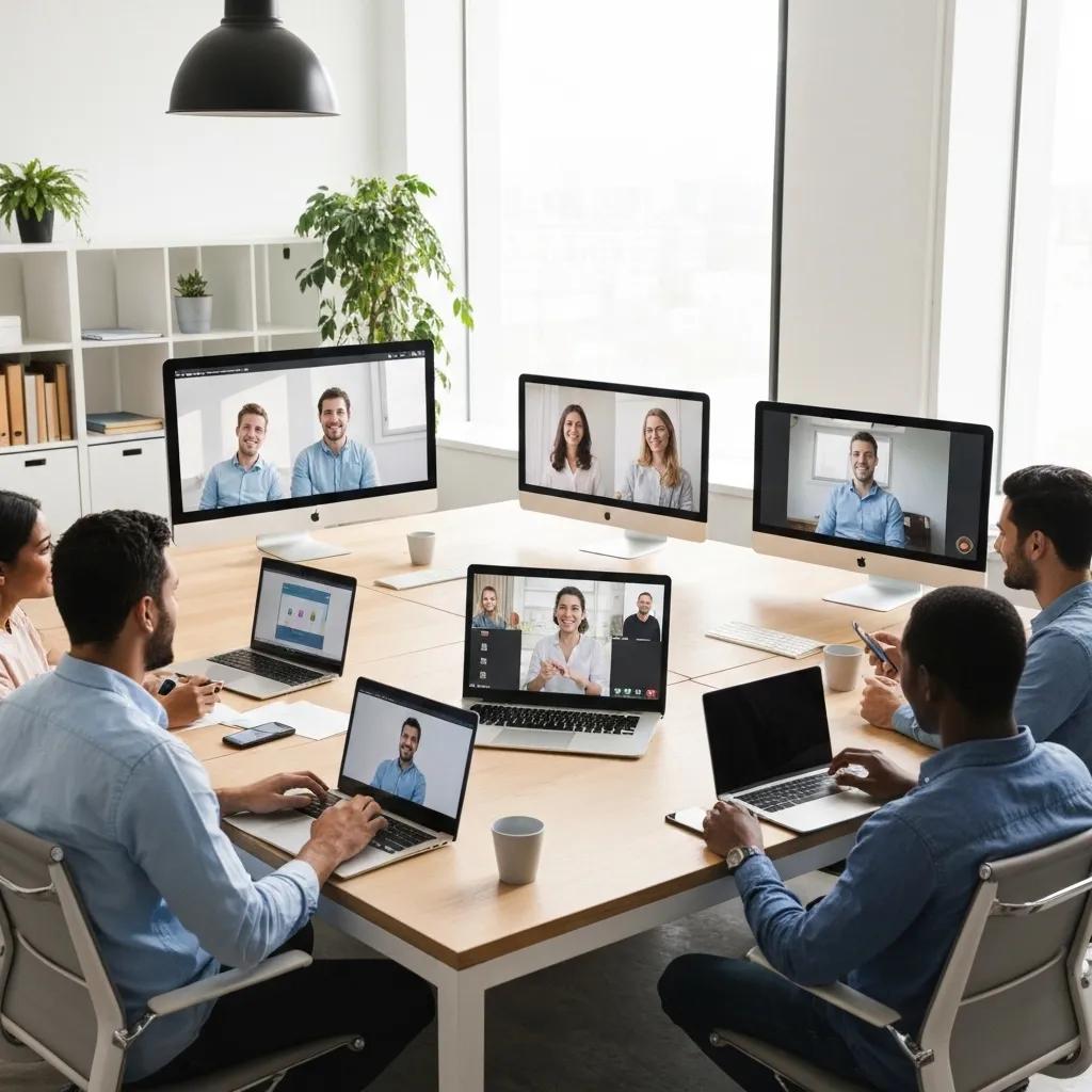 Group of professionals engaged in a video conference around a table with multiple screens displaying remote participants, illustrating unified communications and collaboration tools in a modern office setting.