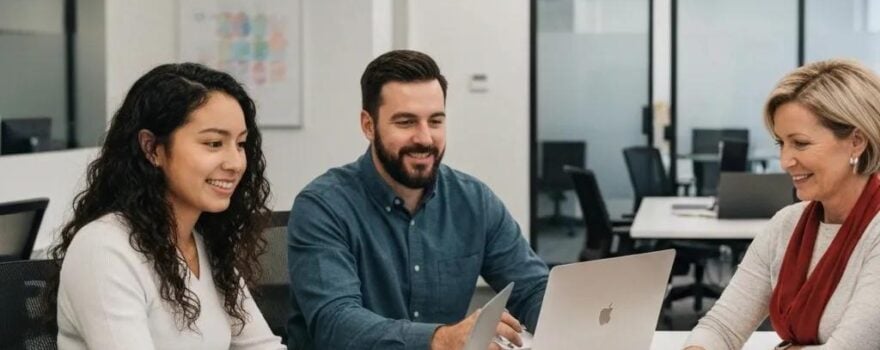 Modern office collaboration with VoIP phones and laptops in Utah