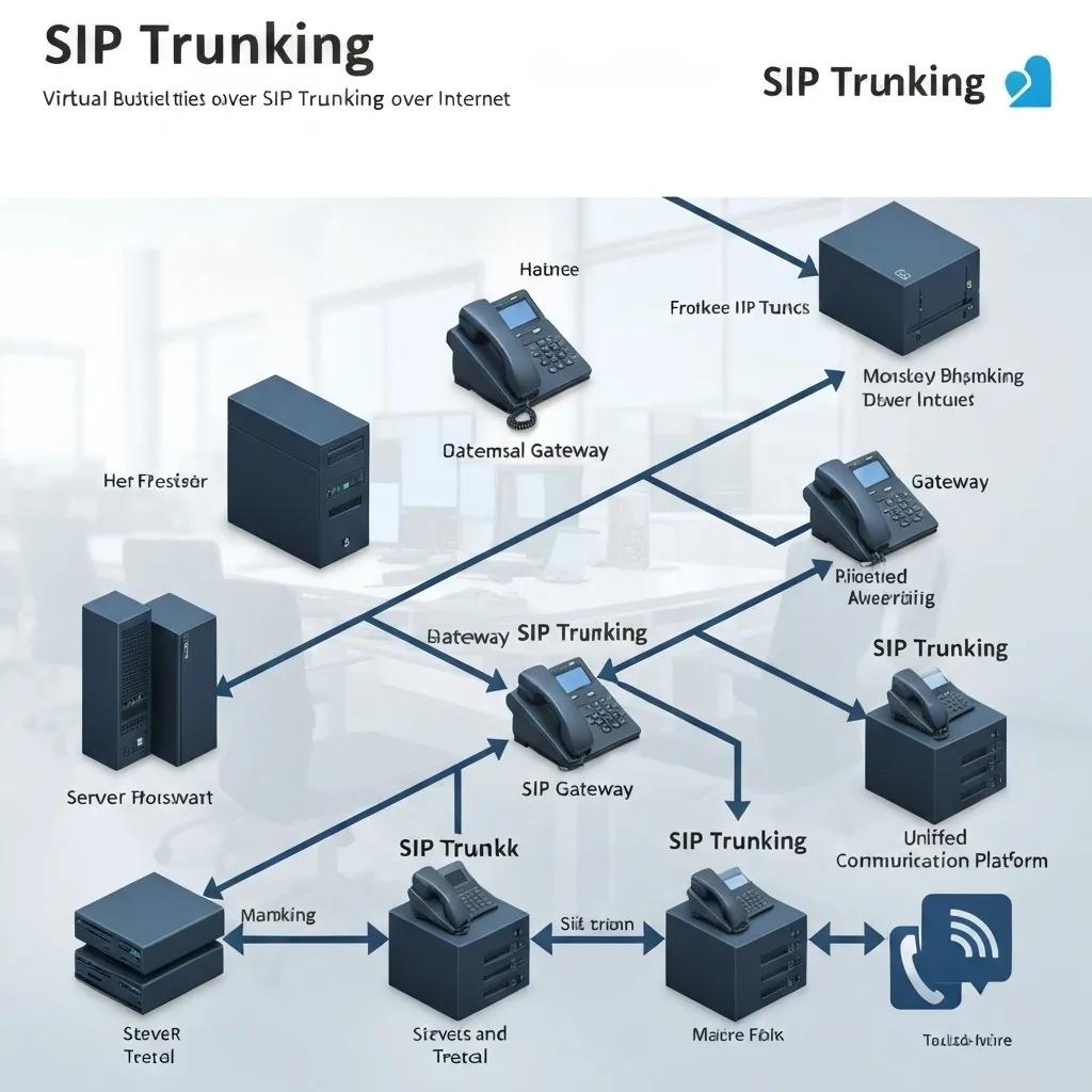 Diagram illustrating SIP Trunking architecture with multiple gateways, IP phones, and servers, highlighting virtual connections over the internet for enhanced communication efficiency.