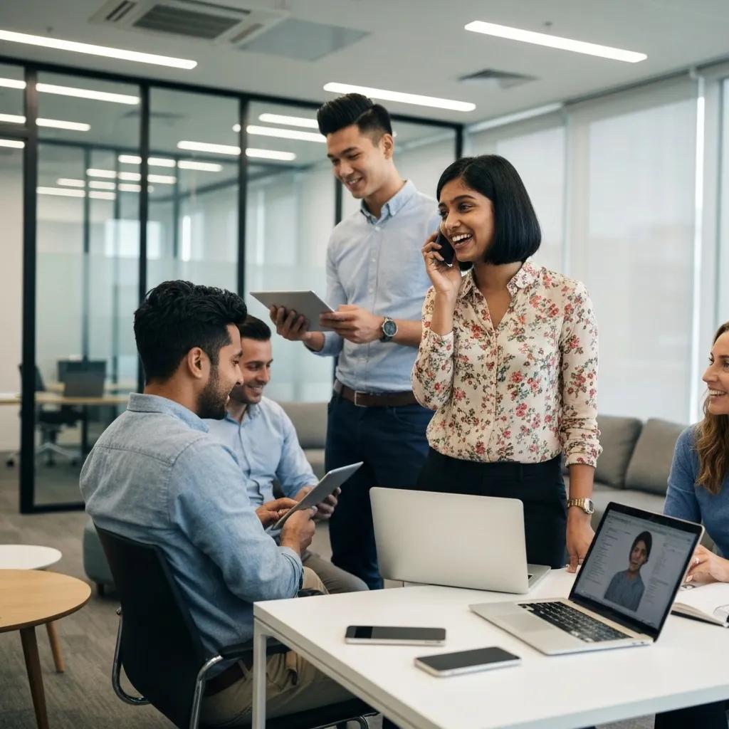 Group of professionals collaborating in a modern office, with a woman on the phone, a man holding a tablet, and laptops on the table, illustrating teamwork and communication in a VoIP-supported environment.