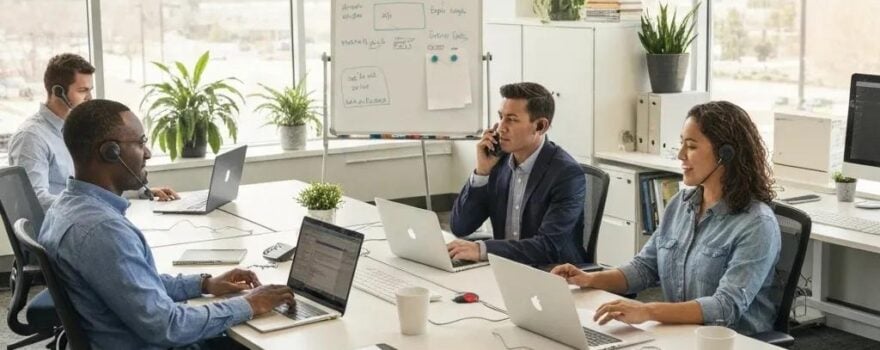 Modern office collaboration in Utah with VoIP technology and diverse professionals