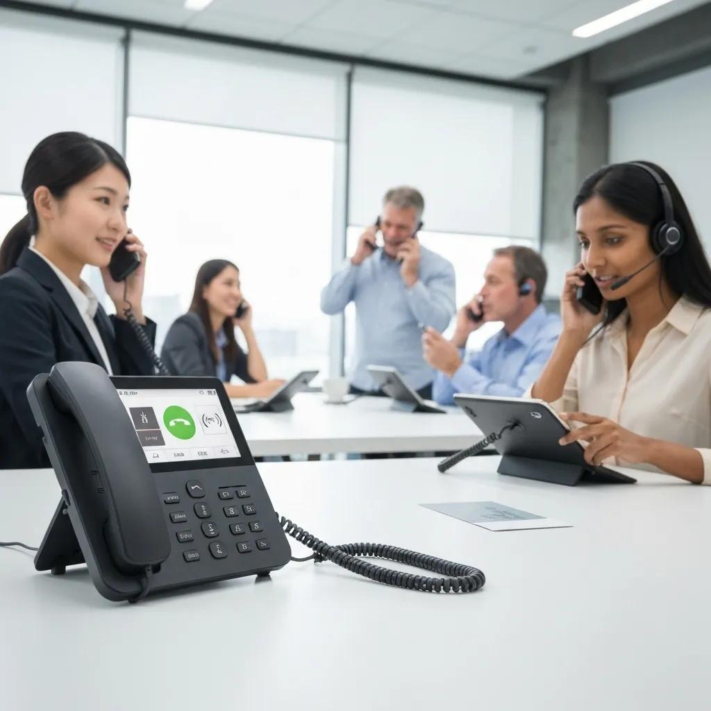 Office setting with professionals using VoIP phones and tablets, illustrating modern business communication solutions in Utah.