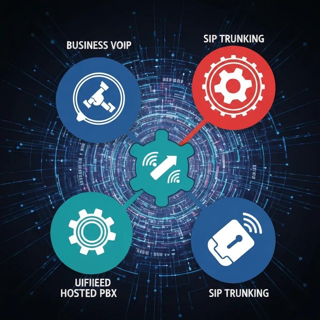 Business VoIP, Unified Hosted PBX, and SIP Trunking components illustrated in a digital network design, representing cloud communication solutions for enhanced productivity in Utah businesses.