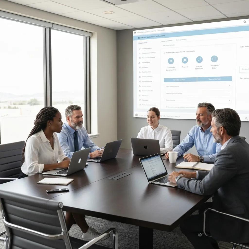Business team collaborating in a conference room with laptops, discussing cloud-based phone systems and communication strategies, large screen displaying digital interface.