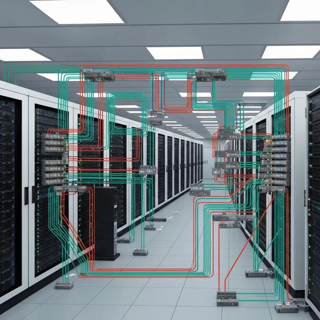 Data center interior with server racks and interconnected networking cables, illustrating cloud-managed communication infrastructure for business VoIP and Hosted PBX systems.