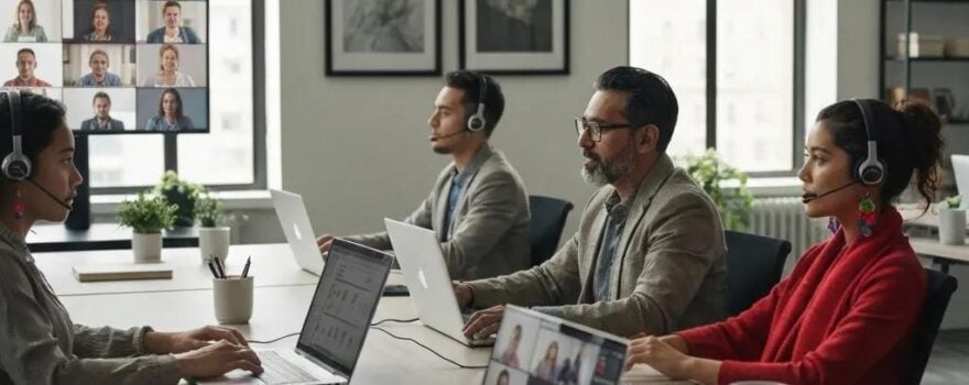 Team of professionals in a modern office setting engaged in a video conference, using headsets and laptops, illustrating collaborative communication solutions relevant to Utah's business VoIP services.