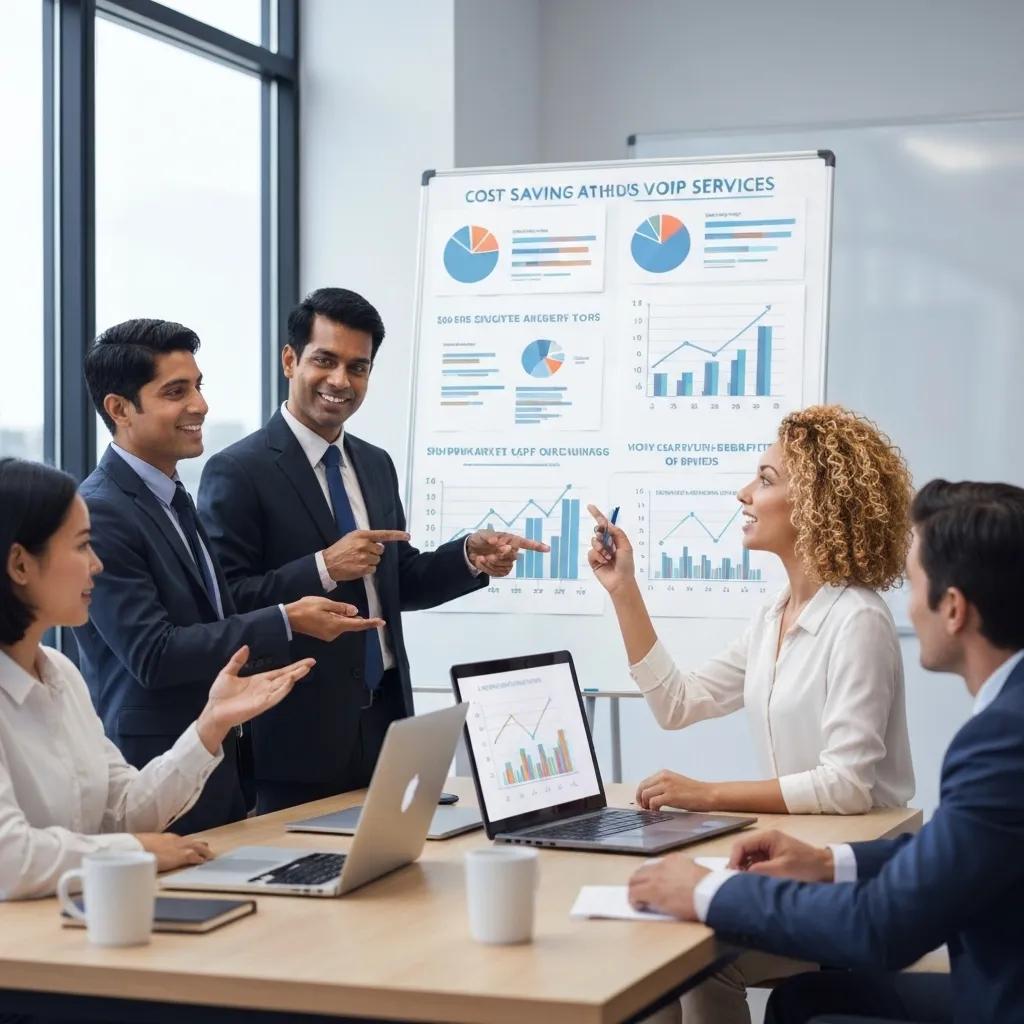 Business professionals discussing cost-saving strategies for VoIP services, with charts and graphs displayed on a presentation board, emphasizing communication solutions for Utah businesses.