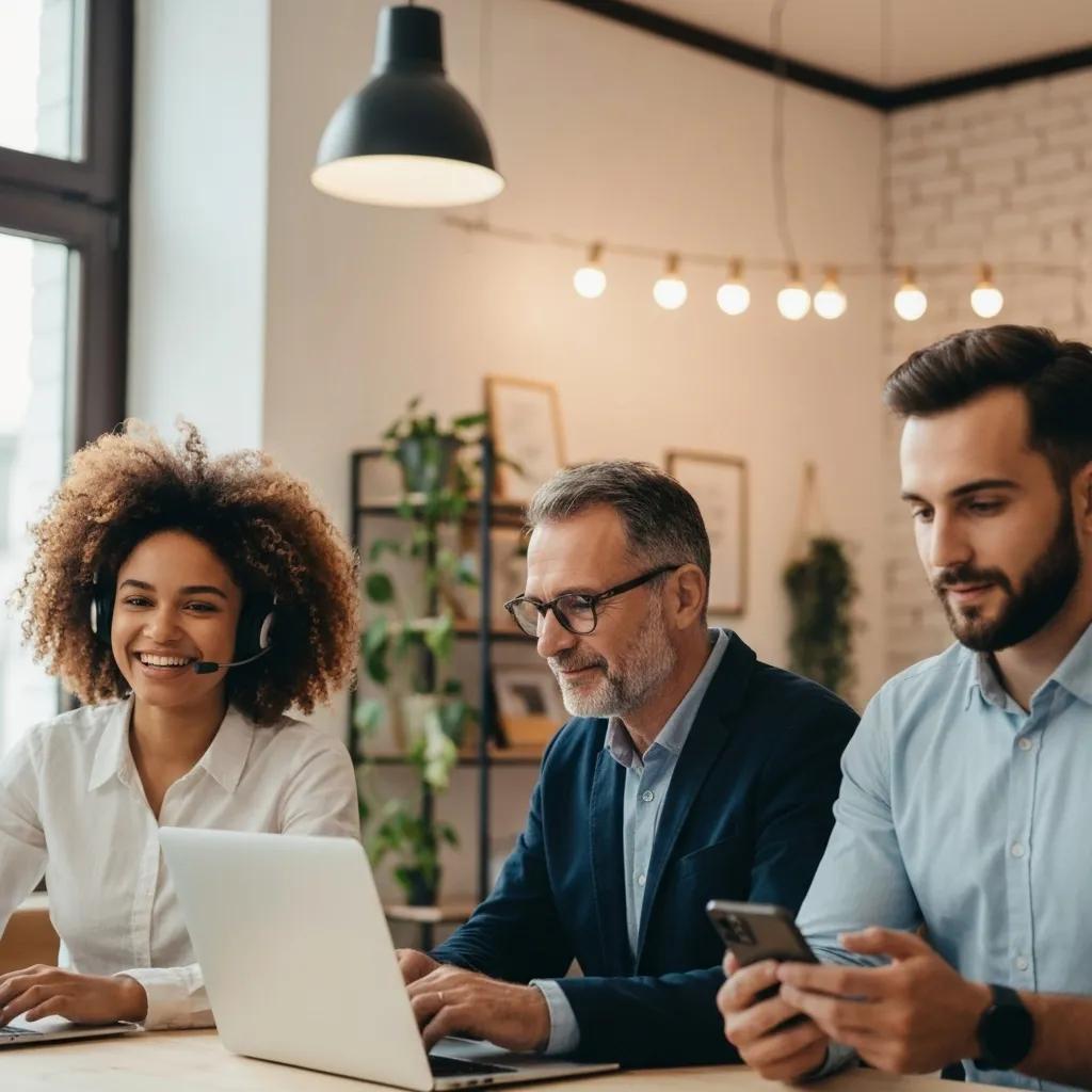 Business professionals collaborating in a modern office environment, featuring a woman with a headset, a man using a laptop, and another man checking a smartphone, illustrating effective communication and teamwork in VoIP and Hosted PBX solutions.