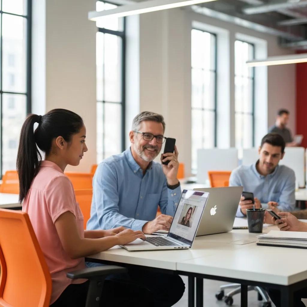 Group of professionals collaborating in a modern office setting, featuring a woman using a laptop, a smiling man on a phone, and two others engaged with mobile devices, illustrating effective communication and teamwork for Utah businesses.