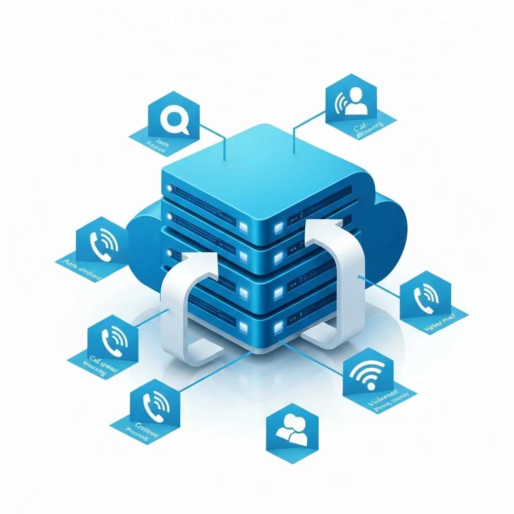 Cloud-based servers representing Hosted PBX features like auto-attendant, call queuing, and video calls, illustrating communication solutions for Utah businesses.