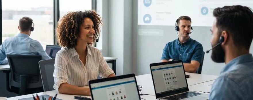 Team of professionals engaged in telecommunications work, using headsets and laptops in a modern office setting, illustrating business phone services and VoIP technology.