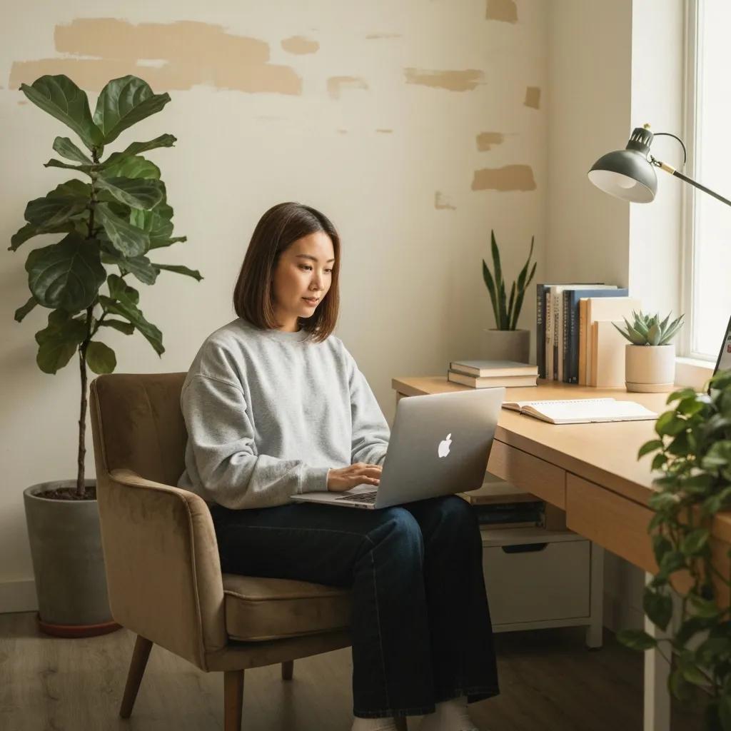 Woman working on a laptop in a cozy home office, highlighting remote work capabilities and modern communication solutions for Utah businesses.
