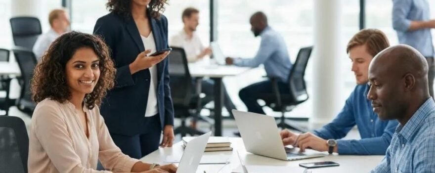 Diverse professionals collaborating in a modern office setting, utilizing laptops and smartphones to enhance communication and productivity, reflecting the importance of small business communication tools in Utah.