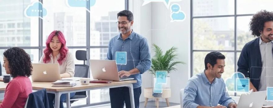 Group of diverse professionals collaborating in a modern office setting, using laptops with digital communication icons, illustrating enterprise communication solutions for businesses.