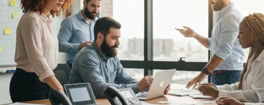 Team collaborating in a modern office, discussing cloud communication solutions and business strategies, with laptops and phones on the table, emphasizing teamwork and technology in Utah businesses.
