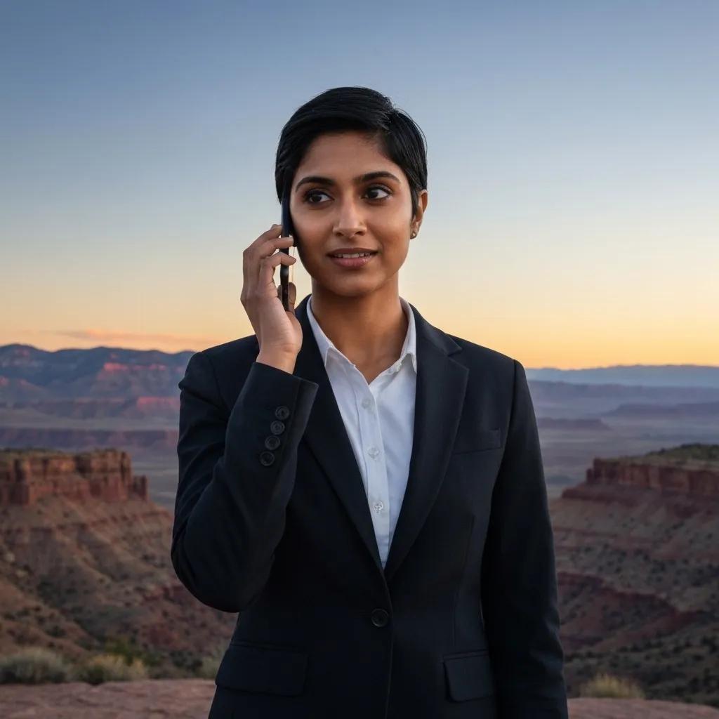 Business professional in a suit using a smartphone against a scenic Utah landscape, emphasizing remote communication and modern phone systems.