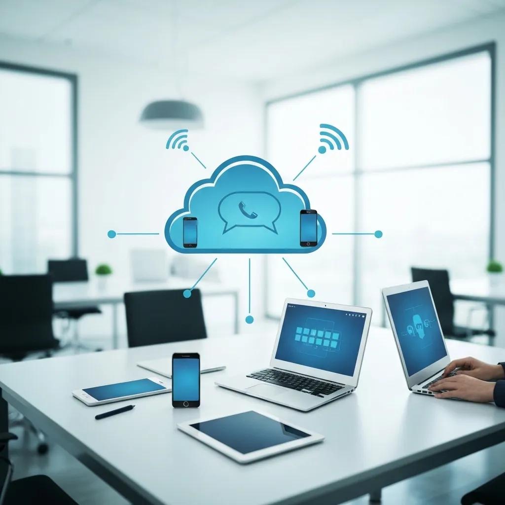 Cloud-based communication system with smartphones and laptops on a desk, illustrating VoIP solutions for business efficiency and connectivity.
