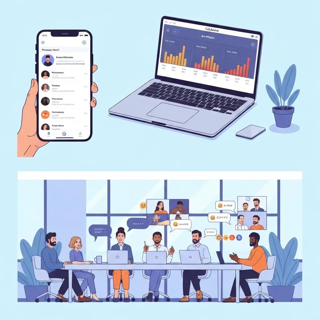 Smartphone displaying VoIP features alongside a laptop with analytics dashboard, featuring a collaborative meeting with diverse participants engaging via video conferencing, illustrating modern communication solutions for Utah businesses.
