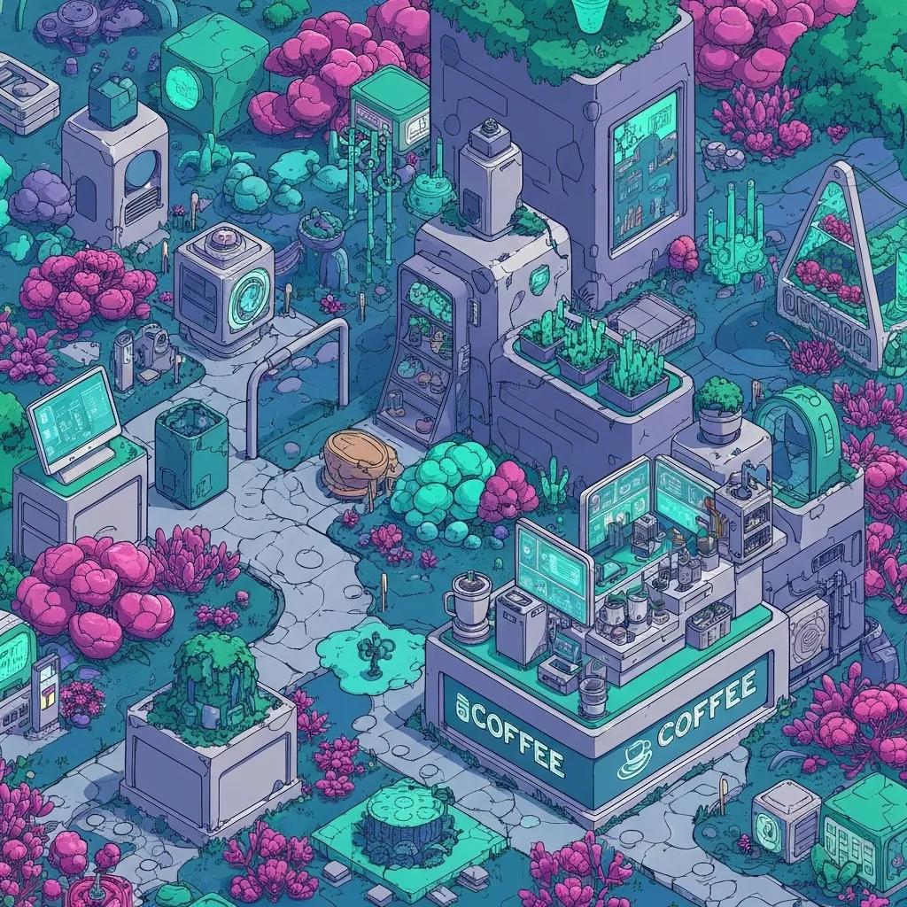 Futuristic coffee shop surrounded by vibrant, colorful vegetation and technology, featuring screens, coffee machines, and greenery, symbolizing modern communication and productivity in a remote work environment.
