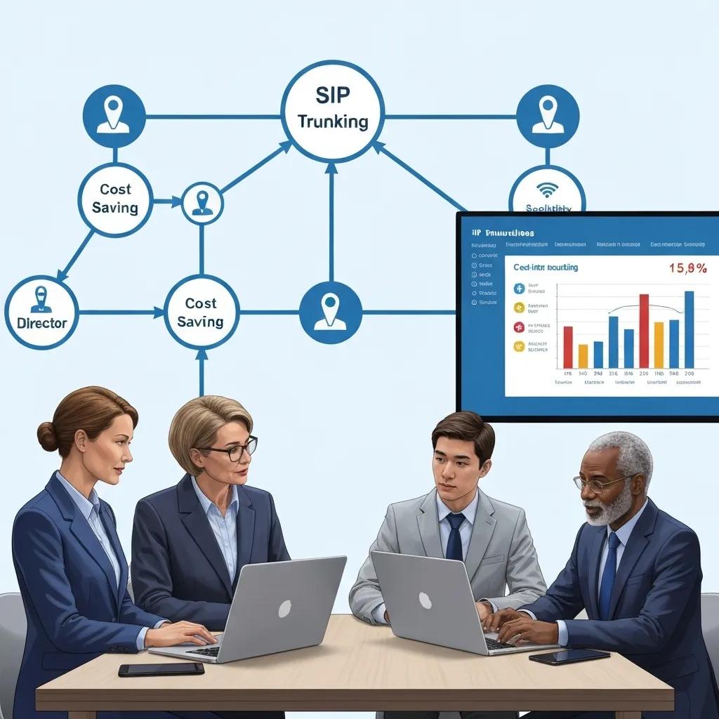 Business professionals discussing SIP trunking benefits, cost savings, and scalability, with a data chart displayed on a screen.
