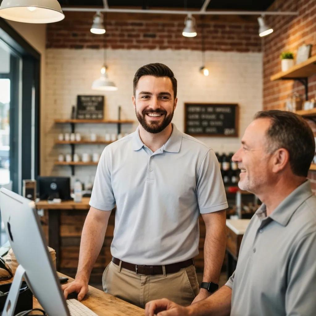 Smiling young man and older man in gray polo shirts at a wooden counter, discussing business communication tools in a modern office setting.