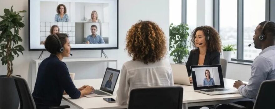 Group of professionals in a modern office engaged in a video conference, using laptops and headsets, with multiple participants displayed on a large screen, illustrating collaborative cloud communication solutions for Utah businesses.
