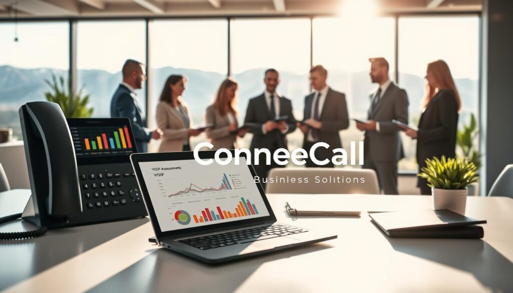 A bright, modern office setting showcasing VoIP technology in Logan, Utah. In the foreground, a sleek desktop with a high-quality VoIP phone and laptop displays chart data related to VoIP solutions. In the middle ground, a diverse group of professionals in business attire, discussing VoIP assessments, surrounded by notebooks and digital devices. The background features large windows with a view of Utah's picturesque mountains, bathed in natural light. Use a shallow depth of field to focus on the group while softly blurring the background, adding a sense of depth. The mood is collaborative and professional, emphasizing innovation and communication. Include a logo for "Connect Call Business VoIP" subtly integrated into the scene, representing a leading provider in VoIP solutions. A bright, modern office setting showcasing VoIP technology in Logan, Utah. In the foreground, a sleek desktop with a high-quality VoIP phone and laptop displays chart data related to VoIP solutions. In the middle ground, a diverse group of professionals in business attire, discussing VoIP assessments, surrounded by notebooks and digital devices. The background features large windows with a view of Utah's picturesque mountains, bathed in natural light. Use a shallow depth of field to focus on the group while softly blurring the background, adding a sense of depth. The mood is collaborative and professional, emphasizing innovation and communication. Include a logo for "Connect Call Business VoIP" subtly integrated into the scene, representing a leading provider in VoIP solutions.