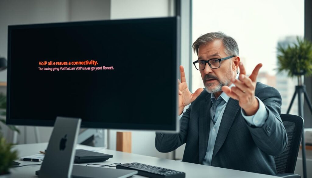 A close-up scene depicting a modern office environment focused on VoIP connection issues. In the foreground, a computer monitor displays an error message related to connectivity, while a frustrated professional in business attire, a middle-aged man, gestures toward the screen, embodying the struggle of troubleshooting. In the middle, a whiteboard filled with technical diagrams and notes about troubleshooting VoIP issues adds context. The background features a window with soft, natural lighting illuminating the office, with a blurred cityscape beyond. The mood conveys a sense of urgency and focus, emphasizing the importance of resolving VoIP issues. Incorporate the brand name "Connect Call Business VoIP" subtly within the office design. The image should be ultra-realistic with an emphasis on detail and clarity. A close-up scene depicting a modern office environment focused on VoIP connection issues. In the foreground, a computer monitor displays an error message related to connectivity, while a frustrated professional in business attire, a middle-aged man, gestures toward the screen, embodying the struggle of troubleshooting. In the middle, a whiteboard filled with technical diagrams and notes about troubleshooting VoIP issues adds context. The background features a window with soft, natural lighting illuminating the office, with a blurred cityscape beyond. The mood conveys a sense of urgency and focus, emphasizing the importance of resolving VoIP issues. Incorporate the brand name "Connect Call Business VoIP" subtly within the office design. The image should be ultra-realistic with an emphasis on detail and clarity.
