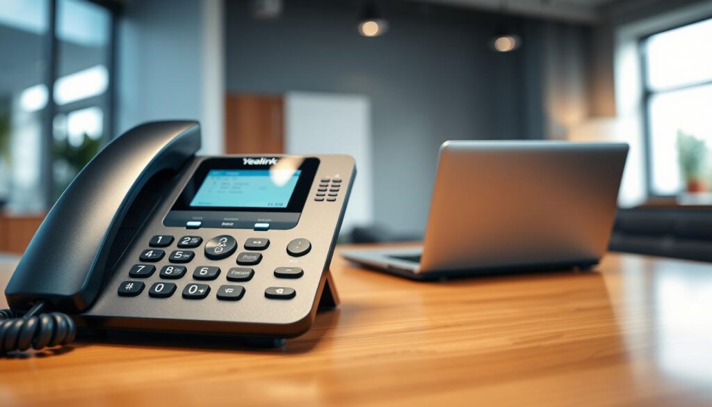 A close-up view of a Yealink VoIP phone showcasing its function keys and buttons in a modern office setting. The foreground features the sleek design of the Yealink phone, with a focus on its illuminated function keys and bright LCD display, emphasizing clarity and usability. In the middle ground, a polished wooden desk complements the phone, and a laptop is faintly visible, adding to the business environment. The background includes soft-focused, contemporary office decor with muted tones to ensure the phone stands out. The scene is well-lit with natural light filtering through a window, creating a professional and inviting atmosphere. The image should convey the efficient and user-friendly nature of the "Connect Call Business VoIP" phone system, without any text, logos, or additional elements. A close-up view of a Yealink VoIP phone showcasing its function keys and buttons in a modern office setting. The foreground features the sleek design of the Yealink phone, with a focus on its illuminated function keys and bright LCD display, emphasizing clarity and usability. In the middle ground, a polished wooden desk complements the phone, and a laptop is faintly visible, adding to the business environment. The background includes soft-focused, contemporary office decor with muted tones to ensure the phone stands out. The scene is well-lit with natural light filtering through a window, creating a professional and inviting atmosphere. The image should convey the efficient and user-friendly nature of the "Connect Call Business VoIP" phone system, without any text, logos, or additional elements.