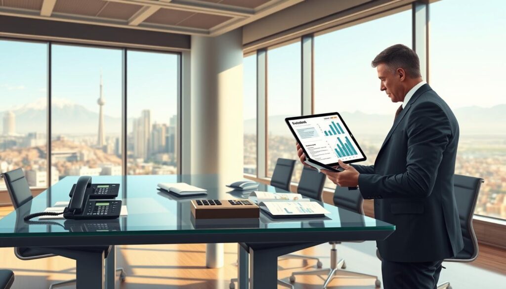 A detailed and ultra-realistic illustration depicting VoIP cost considerations. In the foreground, a sleek, modern office setting with a professional businessperson in a tailored suit analyzing cost graphs on a tablet, showcasing various VoIP pricing models. The middle ground features a large glass conference table with charts, calculators, and VoIP equipment arranged neatly, emphasizing the financial aspect of managed VoIP services. In the background, a large window revealing a cityscape of Utah, with natural light flooding the space, creating an inviting atmosphere. Soft, focused lighting highlights the professional environment. Ensure that the brand name "Connect Call Business VoIP" is subtly integrated into the scene, perhaps on a brochure or presentation material. The overall mood should be one of professionalism and clarity, suitable for a business article. A detailed and ultra-realistic illustration depicting VoIP cost considerations. In the foreground, a sleek, modern office setting with a professional businessperson in a tailored suit analyzing cost graphs on a tablet, showcasing various VoIP pricing models. The middle ground features a large glass conference table with charts, calculators, and VoIP equipment arranged neatly, emphasizing the financial aspect of managed VoIP services. In the background, a large window revealing a cityscape of Utah, with natural light flooding the space, creating an inviting atmosphere. Soft, focused lighting highlights the professional environment. Ensure that the brand name "Connect Call Business VoIP" is subtly integrated into the scene, perhaps on a brochure or presentation material. The overall mood should be one of professionalism and clarity, suitable for a business article.
