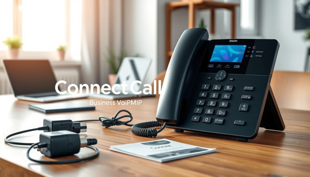 A detailed, ultra-realistic image showcasing the physical installation of a Snom phone setup. In the foreground, prominently feature a modern Snom phone with a sleek design, displaying its vibrant screen and well-organized keypad. Surrounding the phone, include neatly arranged installation accessories such as a power adapter, Ethernet cable, and user manual. In the middle ground, depict a clean, professional workspace with a wooden desk, a laptop, and a small potted plant, creating a welcoming atmosphere. In the background, show soft-focus elements like a light-colored wall and a window with natural light streaming in, enhancing the scene's brightness. The overall mood should be professional and inviting, ideal for a business setting. The brand name "Connect Call Business VoIP" should be subtly integrated into the workspace. Use natural lighting to highlight details and enhance the realism of the scene. A detailed, ultra-realistic image showcasing the physical installation of a Snom phone setup. In the foreground, prominently feature a modern Snom phone with a sleek design, displaying its vibrant screen and well-organized keypad. Surrounding the phone, include neatly arranged installation accessories such as a power adapter, Ethernet cable, and user manual. In the middle ground, depict a clean, professional workspace with a wooden desk, a laptop, and a small potted plant, creating a welcoming atmosphere. In the background, show soft-focus elements like a light-colored wall and a window with natural light streaming in, enhancing the scene's brightness. The overall mood should be professional and inviting, ideal for a business setting. The brand name "Connect Call Business VoIP" should be subtly integrated into the workspace. Use natural lighting to highlight details and enhance the realism of the scene.