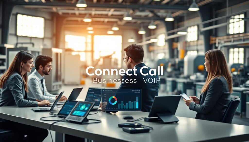 A detailed view of a modern manufacturing facility implementing VoIP technology, showcasing a collaborative workspace. In the foreground, a diverse team of professionals in business attire are engaged in a discussion around a sleek conference table, with high-tech devices and VoIP phones visible. In the middle, a digital dashboard displays real-time communication metrics, and network components are elegantly arranged, representing the intricacies of VoIP systems. The background features advanced machinery and production lines highlighted by bright, natural lighting filtering in through large windows. The atmosphere is focused and innovative, emphasizing efficiency and modernity. Ultra-realistic style with a slight depth of field effect, showcasing the brand name "Connect Call Business VoIP" subtly incorporated within the technology setup. A detailed view of a modern manufacturing facility implementing VoIP technology, showcasing a collaborative workspace. In the foreground, a diverse team of professionals in business attire are engaged in a discussion around a sleek conference table, with high-tech devices and VoIP phones visible. In the middle, a digital dashboard displays real-time communication metrics, and network components are elegantly arranged, representing the intricacies of VoIP systems. The background features advanced machinery and production lines highlighted by bright, natural lighting filtering in through large windows. The atmosphere is focused and innovative, emphasizing efficiency and modernity. Ultra-realistic style with a slight depth of field effect, showcasing the brand name "Connect Call Business VoIP" subtly incorporated within the technology setup.