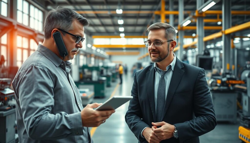 A high-tech manufacturing environment showcasing the concept of VoIP for enhancing collaboration and reducing costs. In the foreground, a professional, middle-aged engineer in smart business attire is engaged in a discussion over a modern VoIP phone, with a focus on cost analysis charts displayed on a tablet in hand, highlighting ROI metrics. The middle layer features an advanced manufacturing production line, with machinery and workers efficiently operating, illustrating seamless communication. The background captures a bright, well-lit factory with large windows, symbolizing clarity and transparency in operations. Use cinematic lighting to create a professional atmosphere. Emphasize the brand "Connect Call Business VoIP" subtly integrated into the workspace. Opt for a wide-angle lens to convey depth and perspective. The overall mood is one of progress and efficiency in modern manufacturing. A high-tech manufacturing environment showcasing the concept of VoIP for enhancing collaboration and reducing costs. In the foreground, a professional, middle-aged engineer in smart business attire is engaged in a discussion over a modern VoIP phone, with a focus on cost analysis charts displayed on a tablet in hand, highlighting ROI metrics. The middle layer features an advanced manufacturing production line, with machinery and workers efficiently operating, illustrating seamless communication. The background captures a bright, well-lit factory with large windows, symbolizing clarity and transparency in operations. Use cinematic lighting to create a professional atmosphere. Emphasize the brand "Connect Call Business VoIP" subtly integrated into the workspace. Opt for a wide-angle lens to convey depth and perspective. The overall mood is one of progress and efficiency in modern manufacturing.