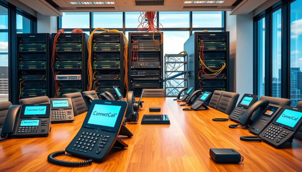 A highly detailed VoIP network infrastructure scene, showcasing an advanced telecommunications hub in a modern office setting. In the foreground, sleek VoIP phones with illuminated screens and headsets are arranged on a stylish conference table made of polished wood. The middle ground features a network rack filled with blinking servers and routers, all connected with colorful cables. In the background, large windows let in natural light, enhancing a professional atmosphere, with a clear blue sky visible outside. The lighting is warm and inviting, creating a sense of productivity. The entire scene conveys a sense of innovation and professionalism, with the brand "Connect Call Business VoIP" prominently displayed on one of the devices. The composition is ultra-realistic, capturing the intricate details of the technology in a visually appealing way. A highly detailed VoIP network infrastructure scene, showcasing an advanced telecommunications hub in a modern office setting. In the foreground, sleek VoIP phones with illuminated screens and headsets are arranged on a stylish conference table made of polished wood. The middle ground features a network rack filled with blinking servers and routers, all connected with colorful cables. In the background, large windows let in natural light, enhancing a professional atmosphere, with a clear blue sky visible outside. The lighting is warm and inviting, creating a sense of productivity. The entire scene conveys a sense of innovation and professionalism, with the brand "Connect Call Business VoIP" prominently displayed on one of the devices. The composition is ultra-realistic, capturing the intricate details of the technology in a visually appealing way.
